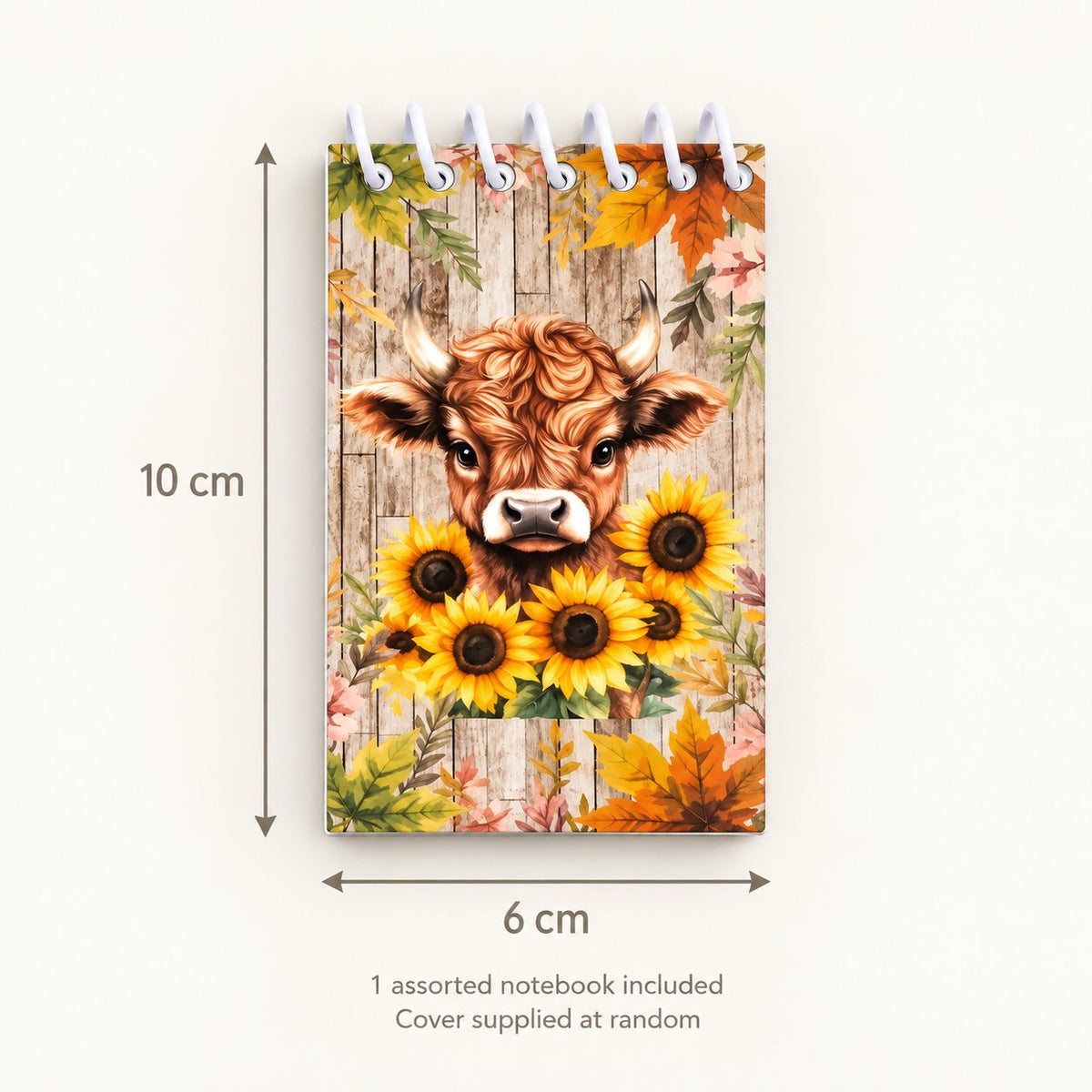 Highland cow mini notebook size guide showing 10 cm high by 6 cm wide; one assorted cover notebook included