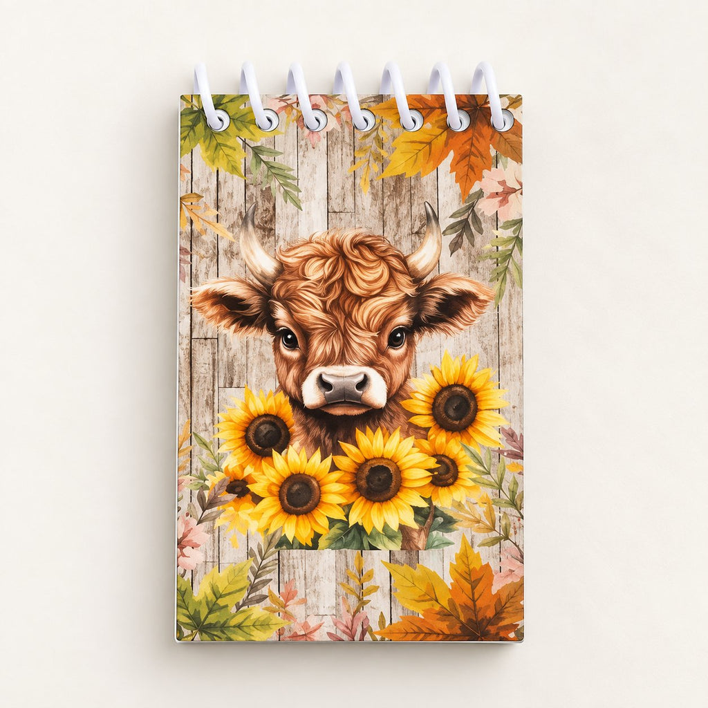 Highland cow mini spiral notebook with sunflower calf cover, an example of the assorted designs