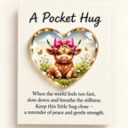 Close-up of the pink-bow calf and meadow artwork printed on the heart pocket hug