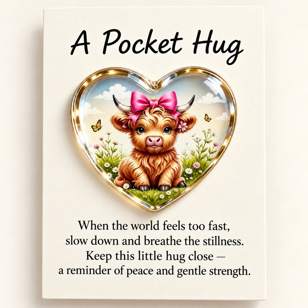 Close-up of the pink-bow calf and meadow artwork printed on the heart pocket hug