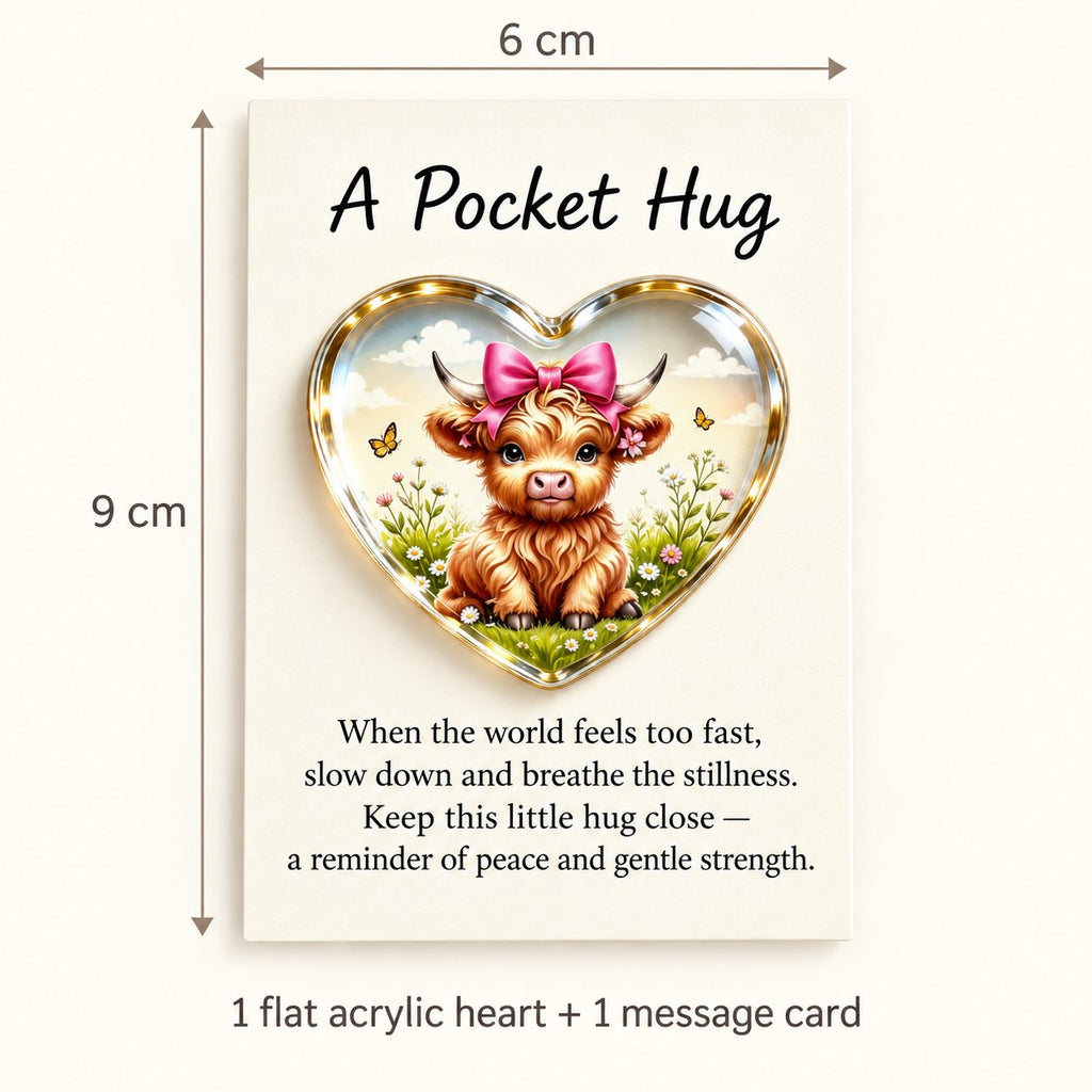 Pink bow pocket hug size guide showing the message card is 6 cm wide and 9 cm high, with one flat acrylic heart included