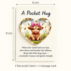 Pink bow pocket hug size guide showing the message card is 6 cm wide and 9 cm high, with one flat acrylic heart included