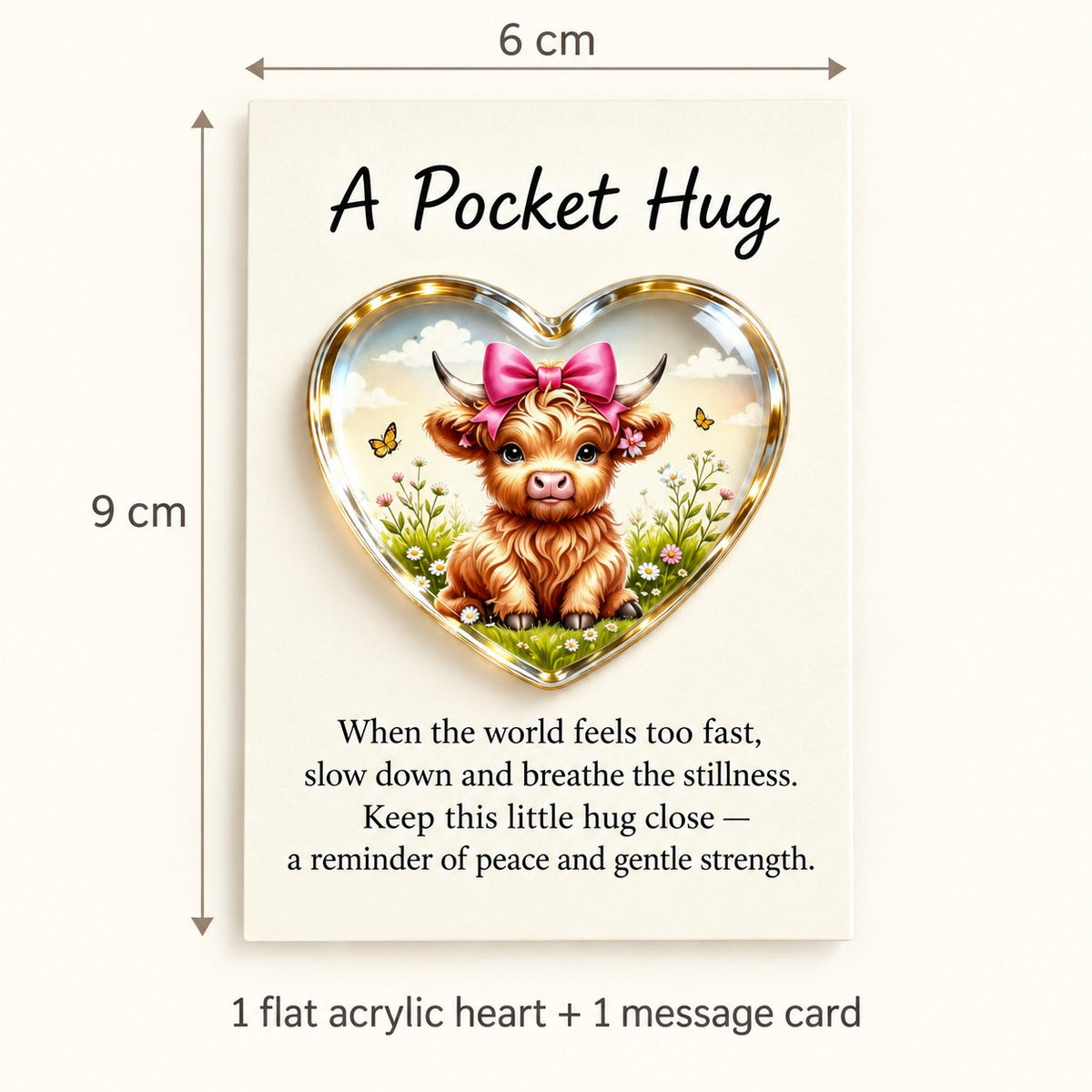 Pink bow pocket hug size guide showing the message card is 6 cm wide and 9 cm high, with one flat acrylic heart included