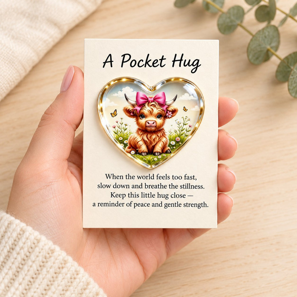 Hand holding the pink bow Highland cow pocket hug and message card over pale timber