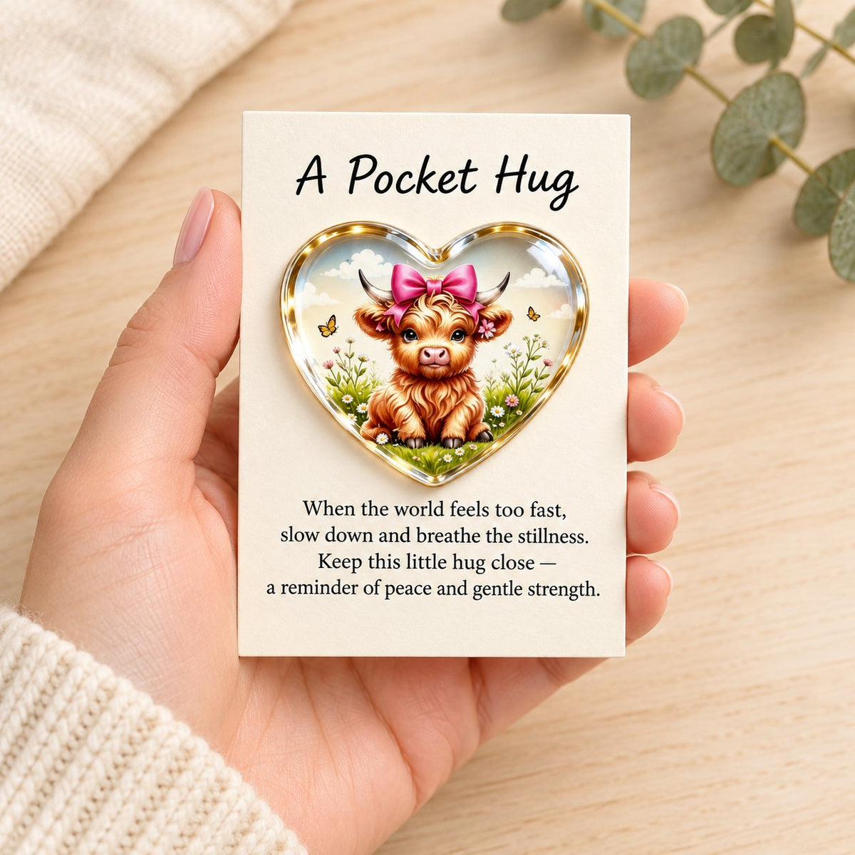 Hand holding the pink bow Highland cow pocket hug and message card over pale timber