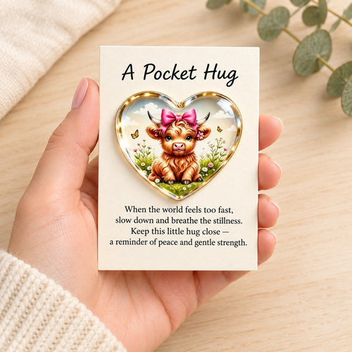 Highland Cow Pink Bow Heart Pocket Hug & Message Card