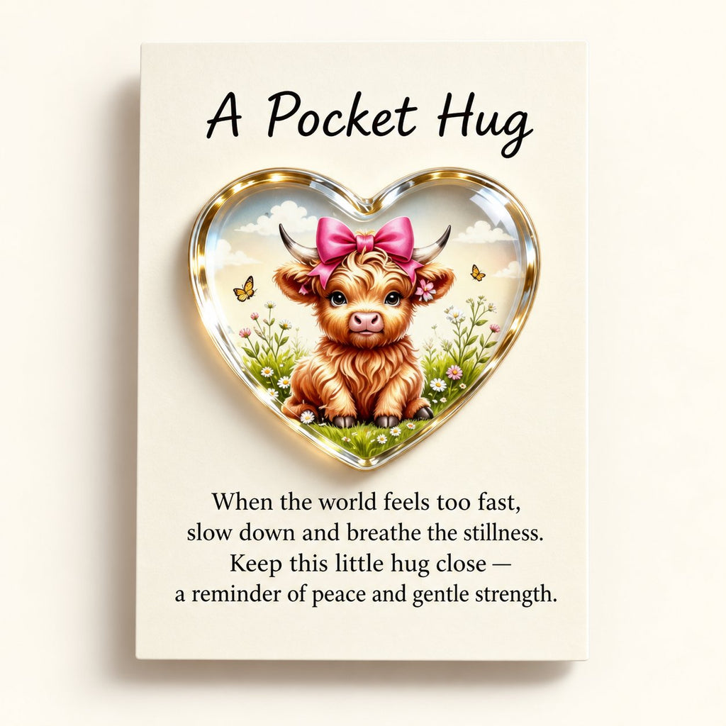 Pink bow Highland cow heart pocket hug with cream encouragement message card