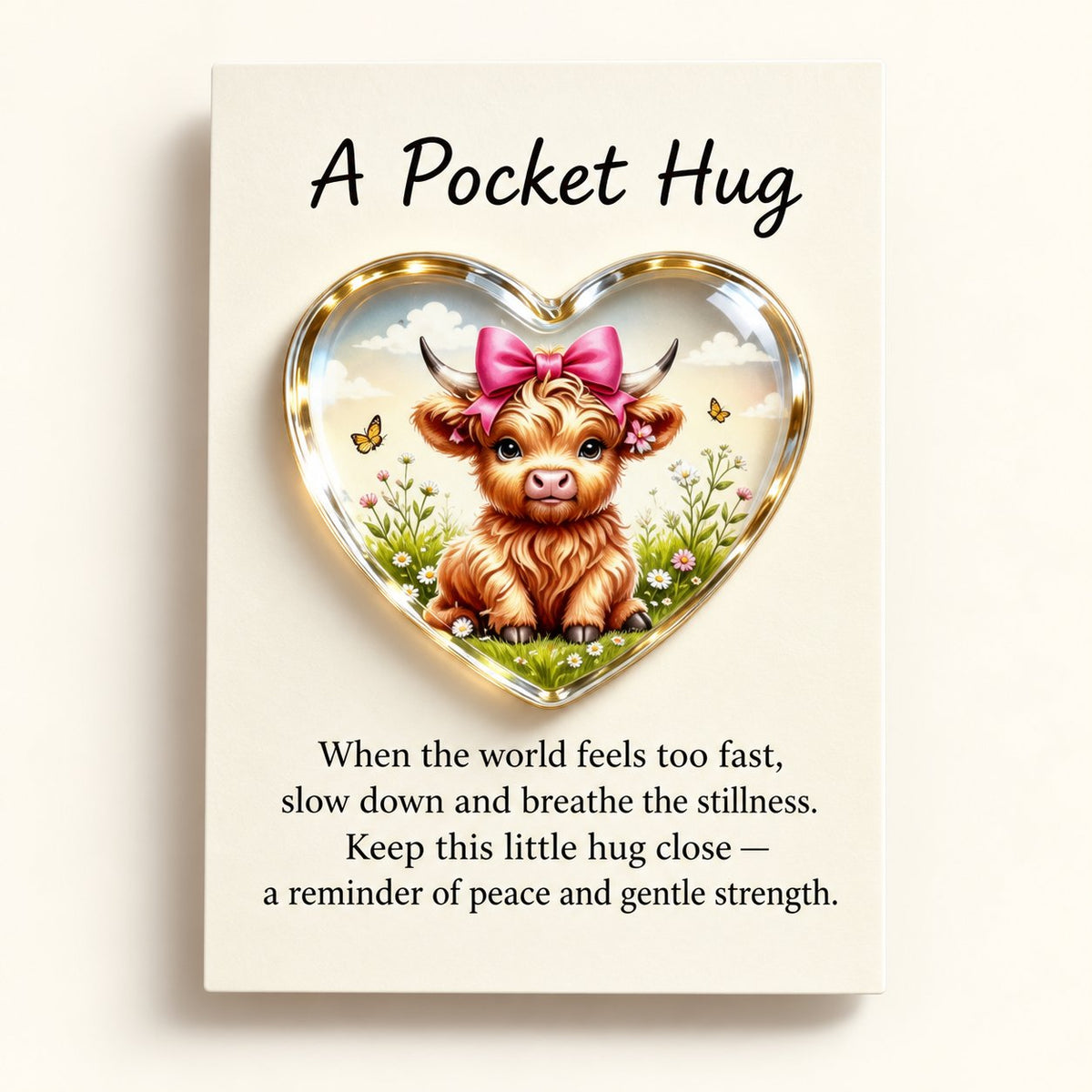 Pink bow Highland cow heart pocket hug with cream encouragement message card