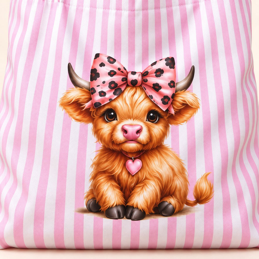 Close-up of the printed golden Highland calf with pink spotted bow and heart detail on the tote’s pink-and-white striped fabric.