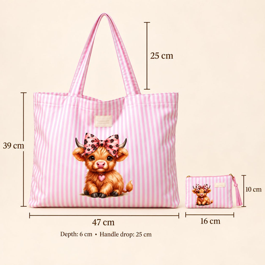 Pink tote size guide: 47 cm wide, 39 cm body height, 6 cm deep and 25 cm handle drop; matching purse 16 cm wide and 10 cm high.