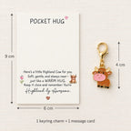 Pocket Hug card measures 9 by 6 cm and clasp-and-charm measures approximately 4 cm; one of each included