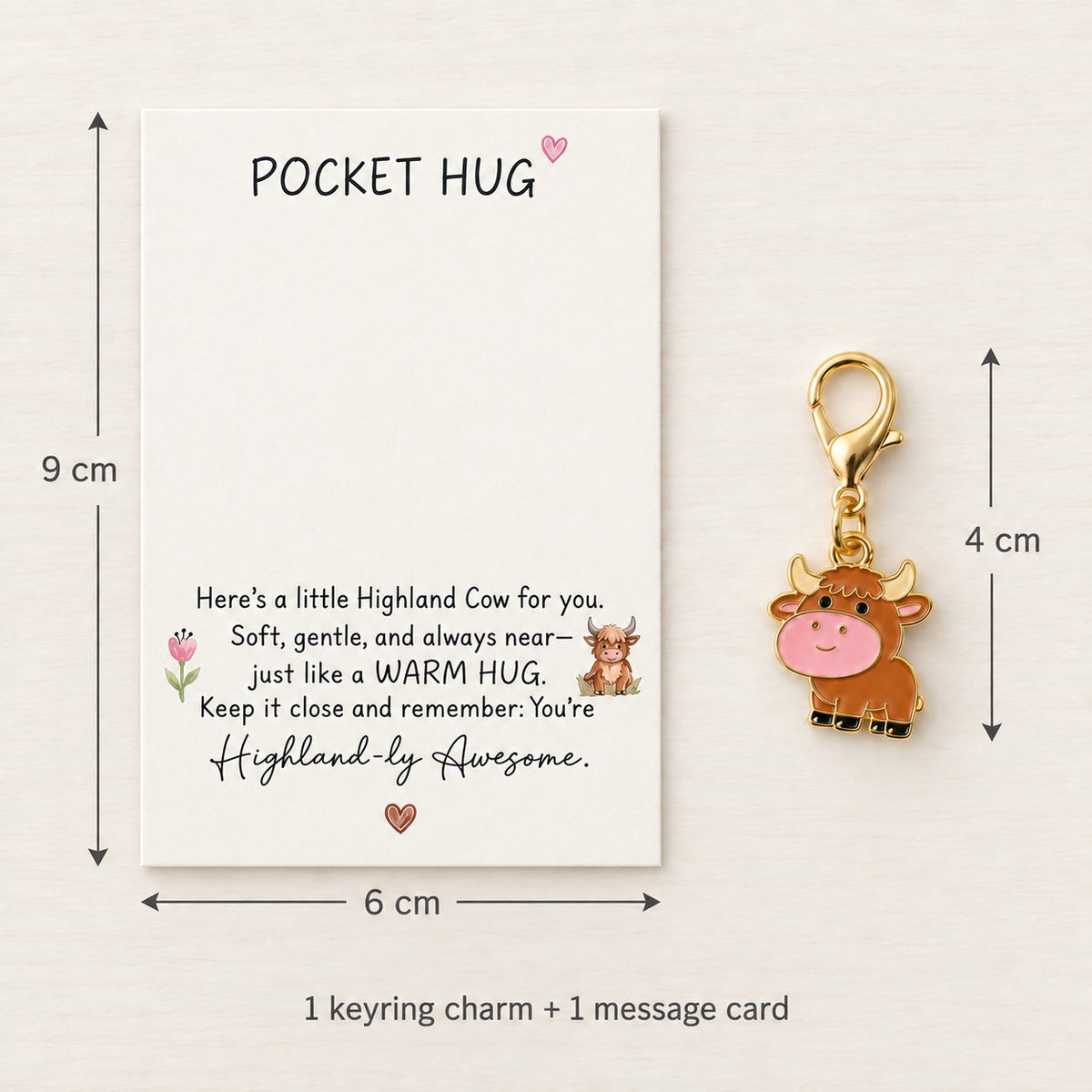 Pocket Hug card measures 9 by 6 cm and clasp-and-charm measures approximately 4 cm; one of each included