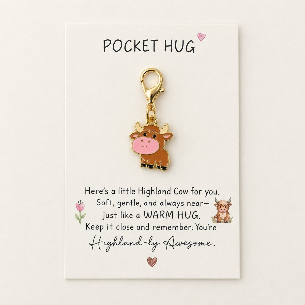 Pocket Hug message card with brown calf keyring charm and gold-coloured lobster clasp