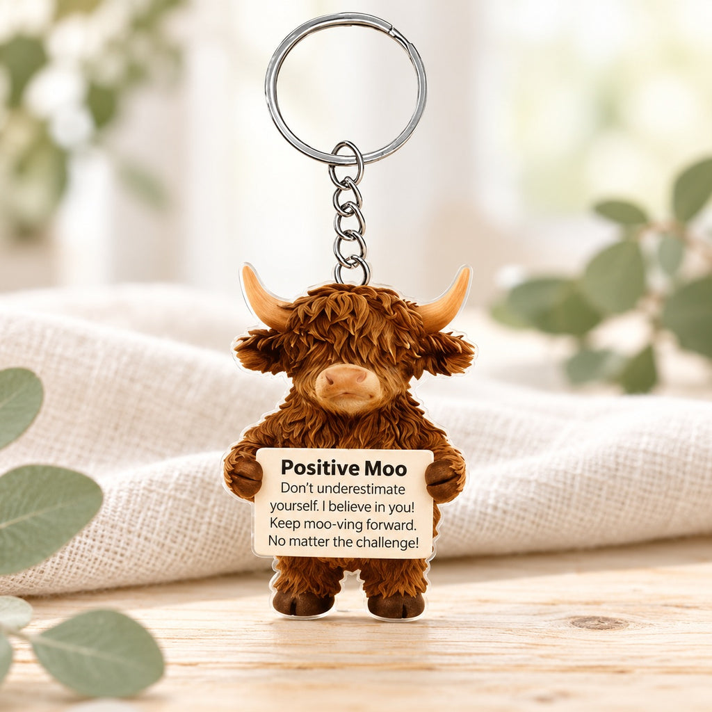 Positive Moo Highland Cow Acrylic Keyring. detail.