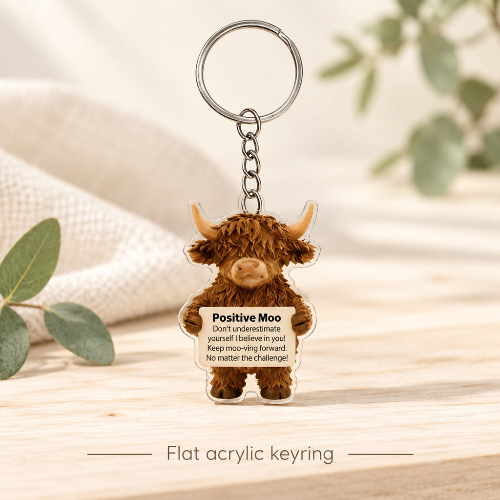 Positive Moo Highland Cow Acrylic Keyring. flat acrylic.