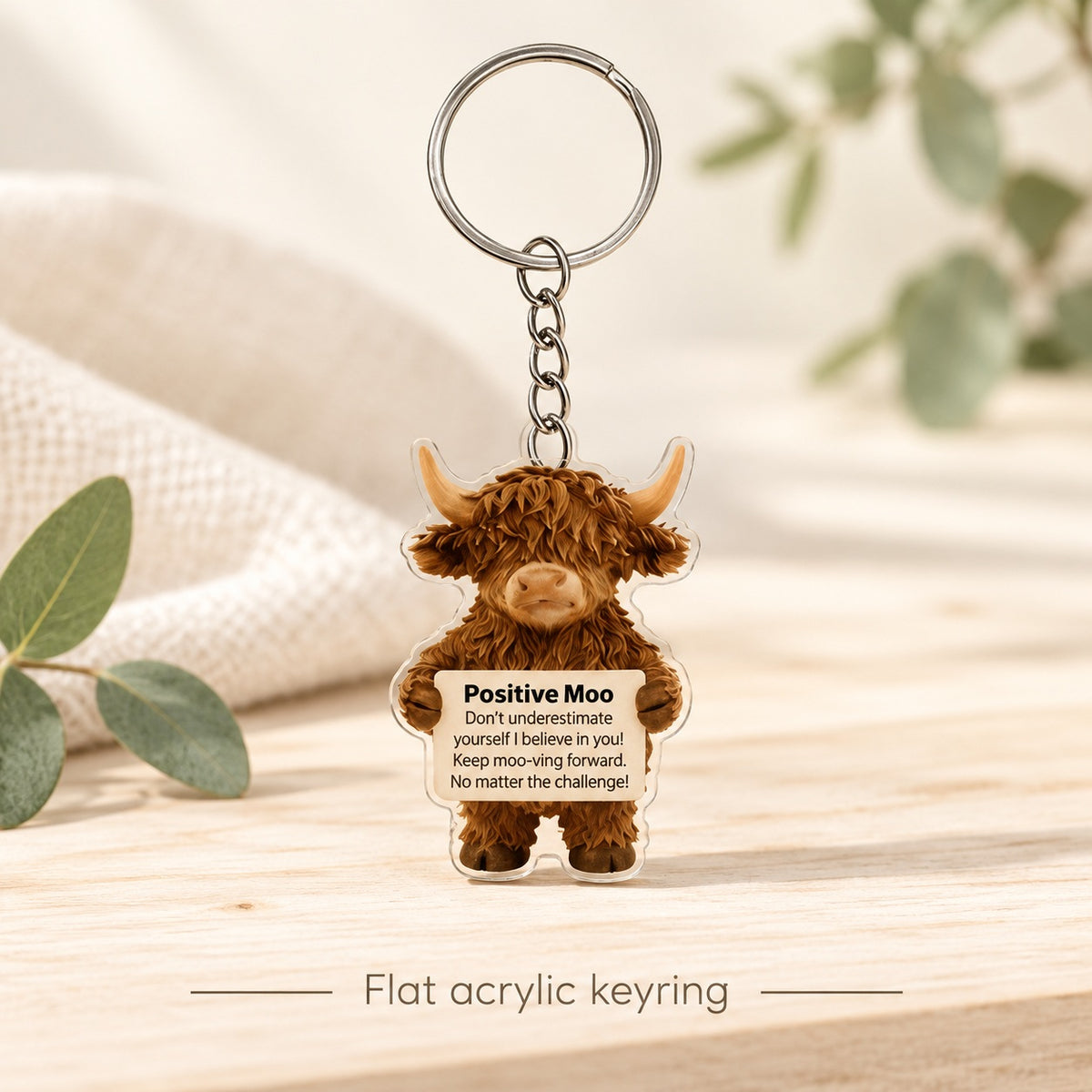 Positive Moo Highland Cow Acrylic Keyring. flat acrylic.