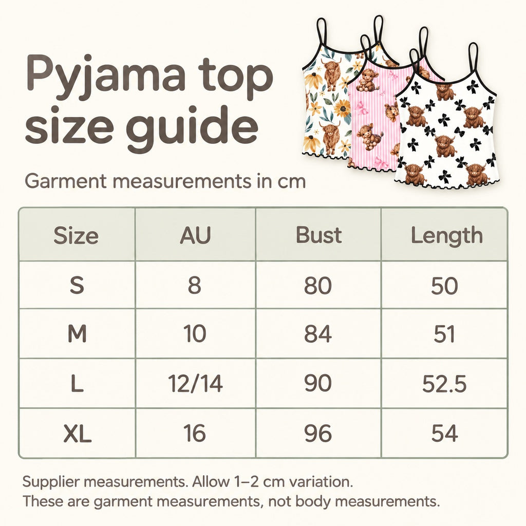 Highland Cow Camisole & Shorts Pyjamas – Choose Your Design. top size guide.