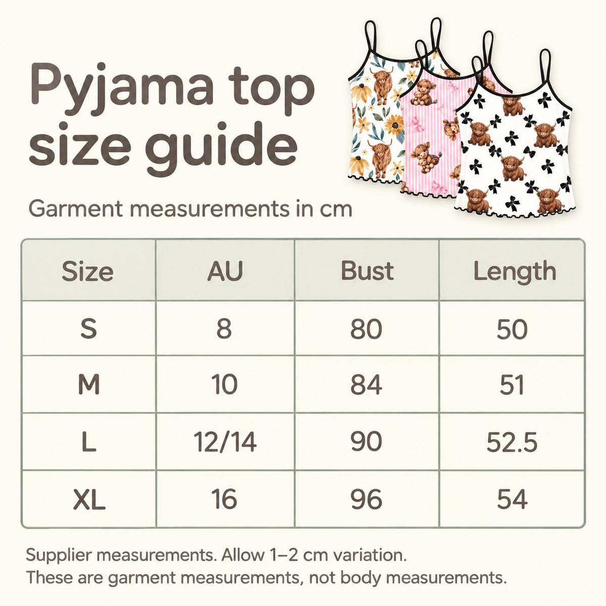 Highland Cow Camisole & Shorts Pyjamas – Choose Your Design. top size guide.