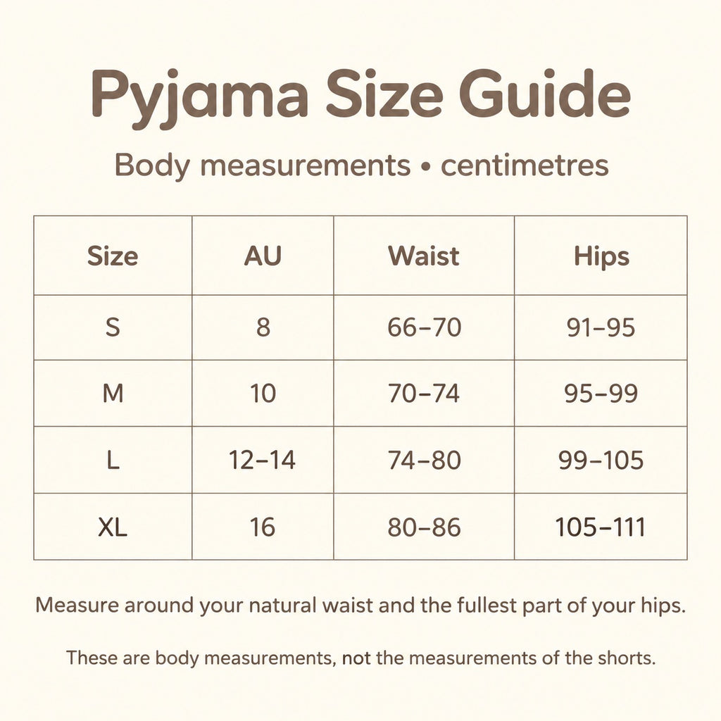 Highland Cow Camisole & Shorts Pyjamas – Choose Your Design. body waist hip size guide.