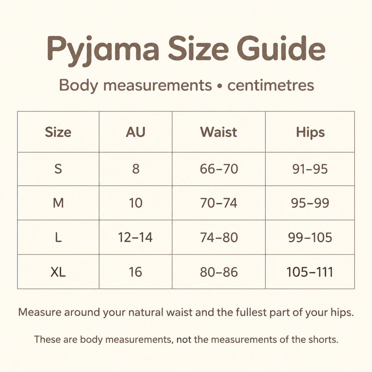 Highland Cow Camisole & Shorts Pyjamas – Choose Your Design. body waist hip size guide.