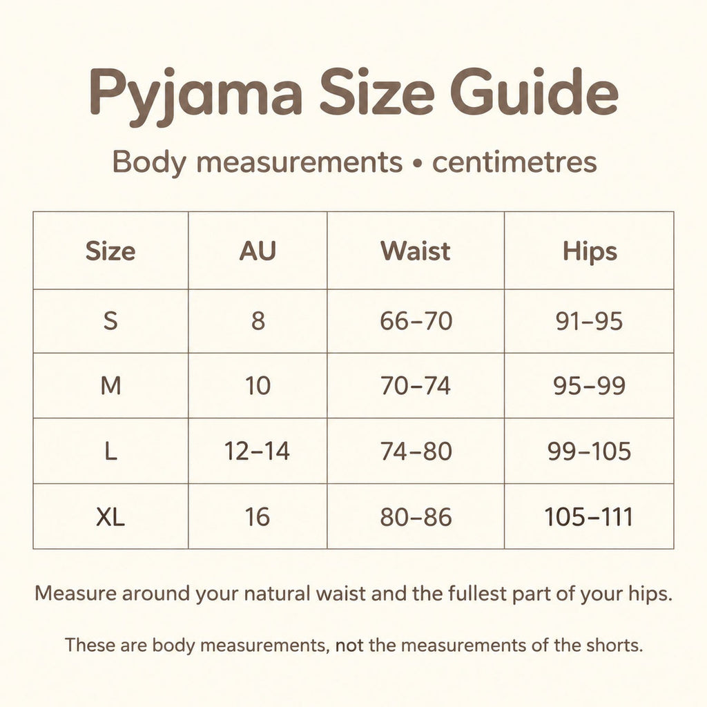Pyjama waist and hips body measurement guide for S to XL