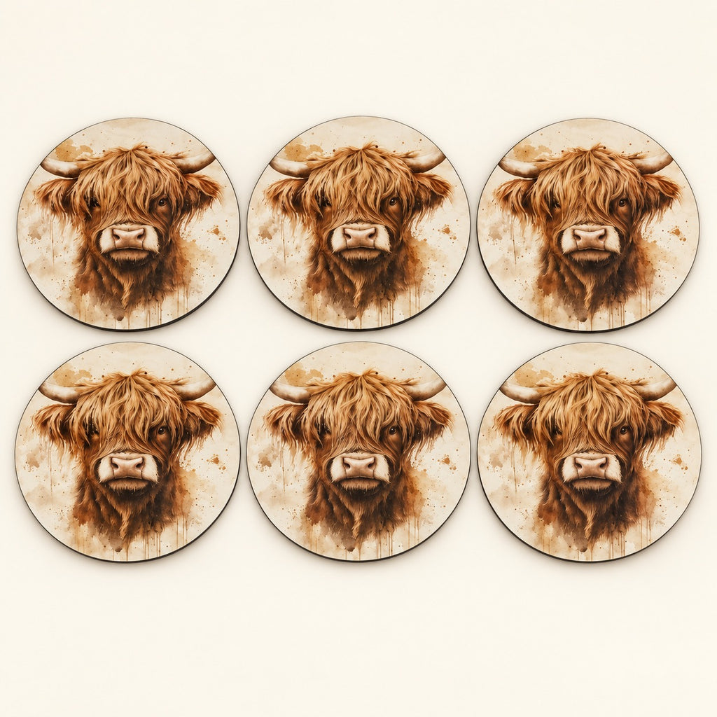 Country Highland Cow Wooden Coasters – Set of Six. main.
