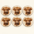 Country Highland Cow Wooden Coasters – Set of Six. main.