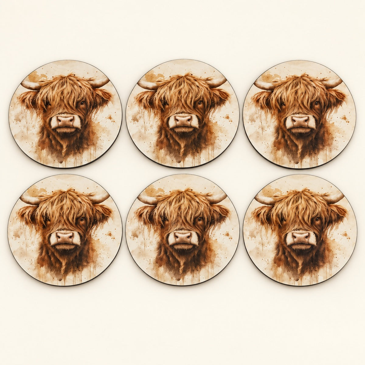 Country Highland Cow Wooden Coasters – Set of Six. main.