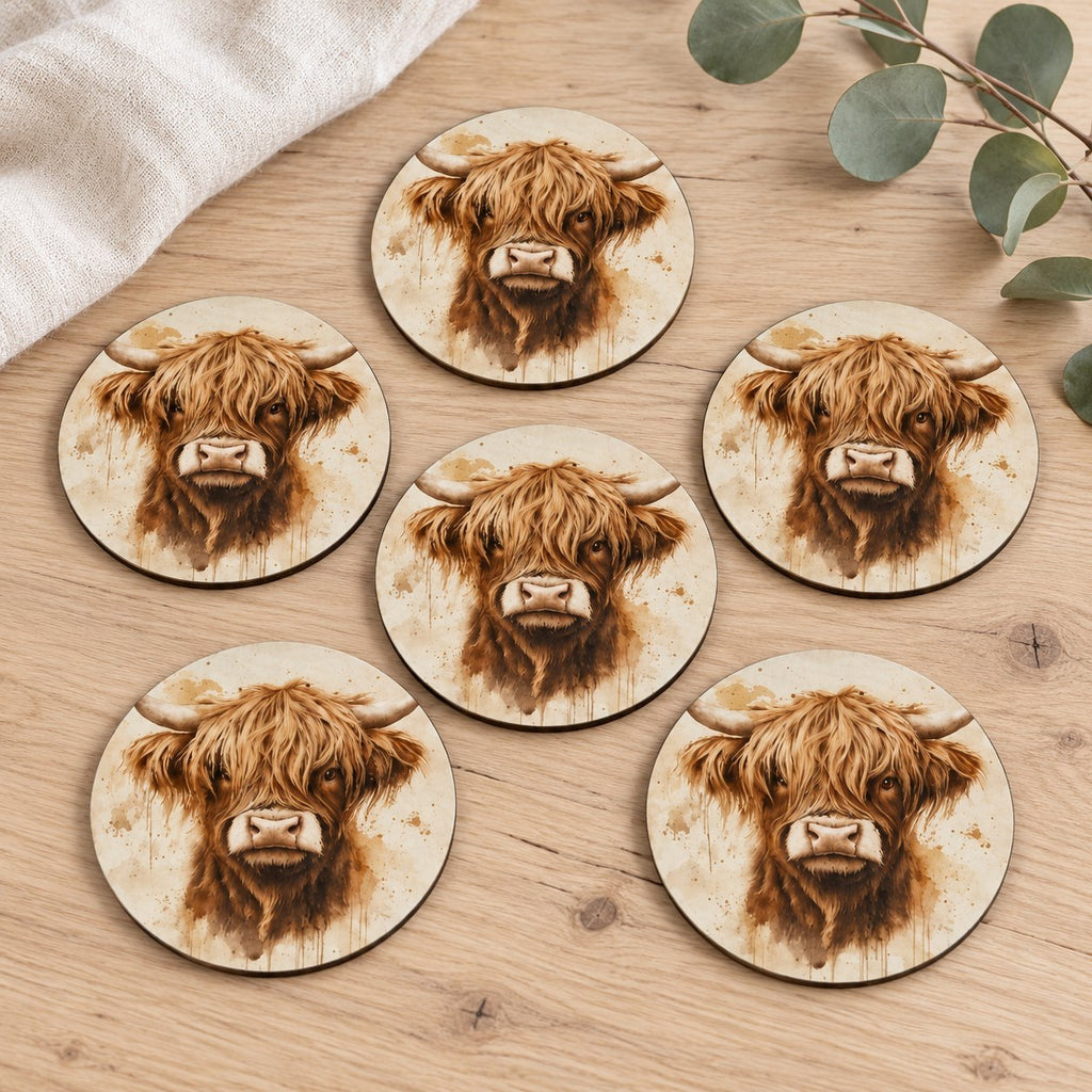 Country Highland Cow Wooden Coasters – Set of Six. lifestyle.