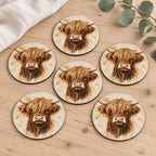 Country Highland Cow Wooden Coasters – Set of Six. lifestyle.