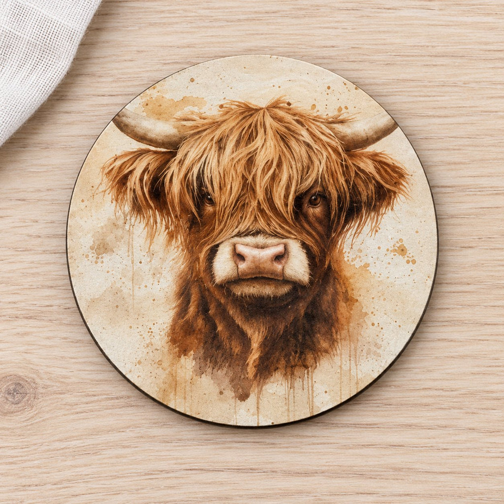 Country Highland Cow Wooden Coasters – Set of Six. detail.