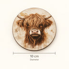 Country Highland Cow Wooden Coasters – Set of Six. size.