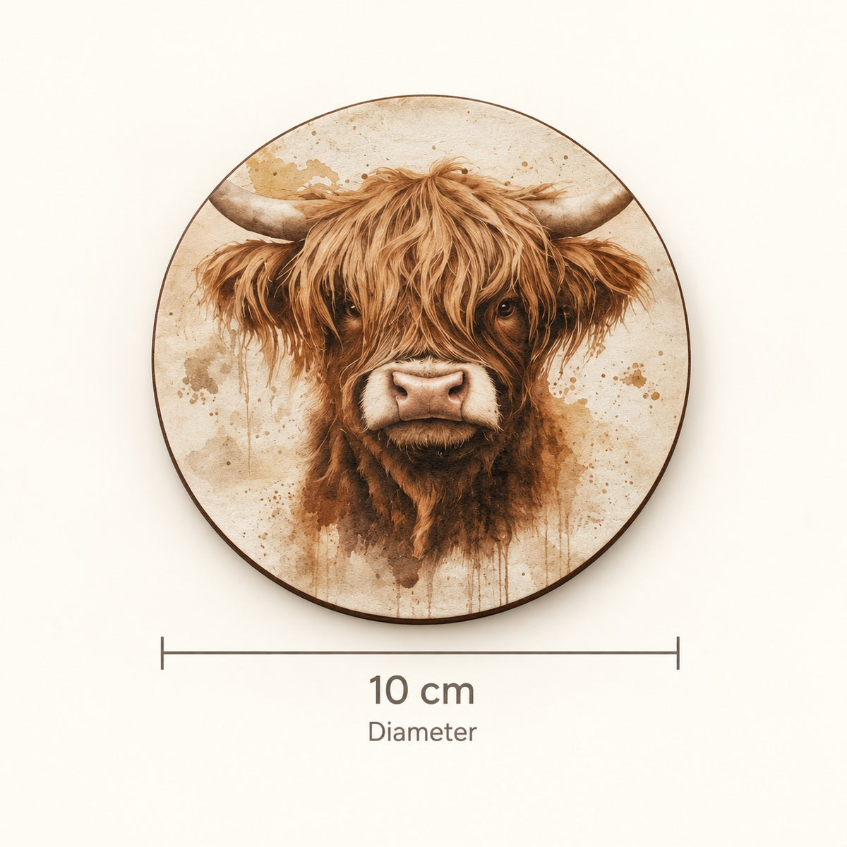 Country Highland Cow Wooden Coasters – Set of Six. size.