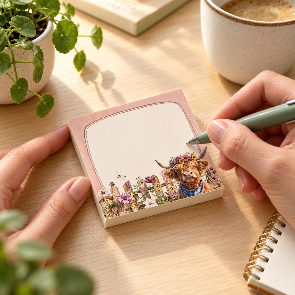 Hands writing on a Pink Frame Highland cow sticky-note pad at a wooden desk beside a coffee mug and plant.