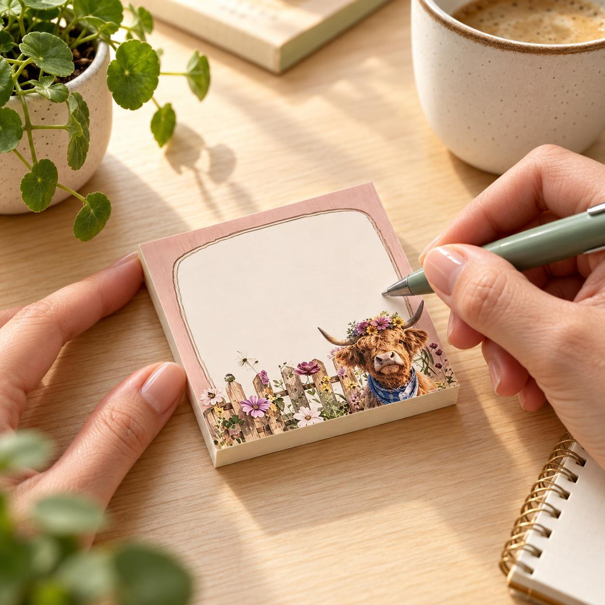 Hands writing on a Pink Frame Highland cow sticky-note pad at a wooden desk beside a coffee mug and plant.
