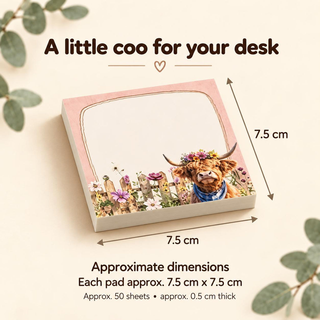 Highland cow sticky-note pad size guide: approximately 7.5 × 7.5 cm, 50 sheets and 0.5 cm thick.