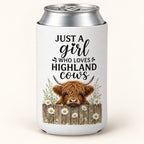 Daisy Country Fence Highland cow stubbie cooler shown around a silver can. One cooler; can not included.