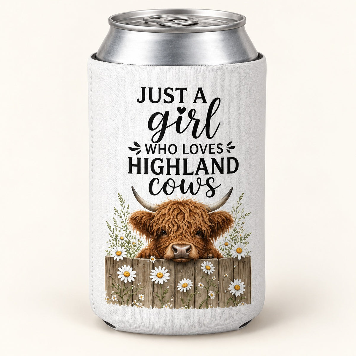 Daisy Country Fence Highland cow stubbie cooler shown around a silver can. One cooler; can not included.