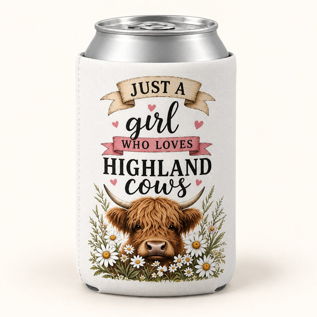 Daisy Pink Banner Highland cow stubbie cooler shown around a silver can. One cooler; can not included.