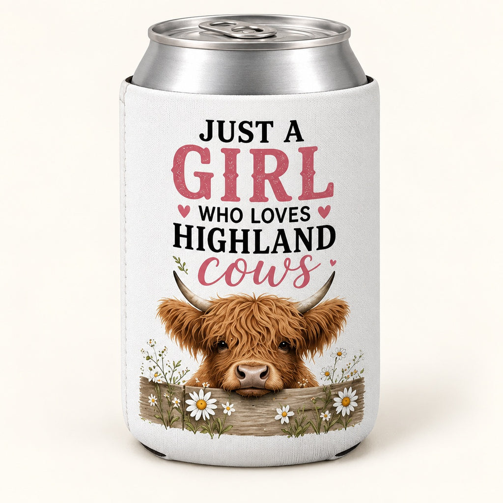 Daisy Pink Lettering Highland cow stubbie cooler shown around a silver can. One cooler; can not included.
