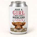 Daisy Pink Lettering Highland cow stubbie cooler shown around a silver can. One cooler; can not included.