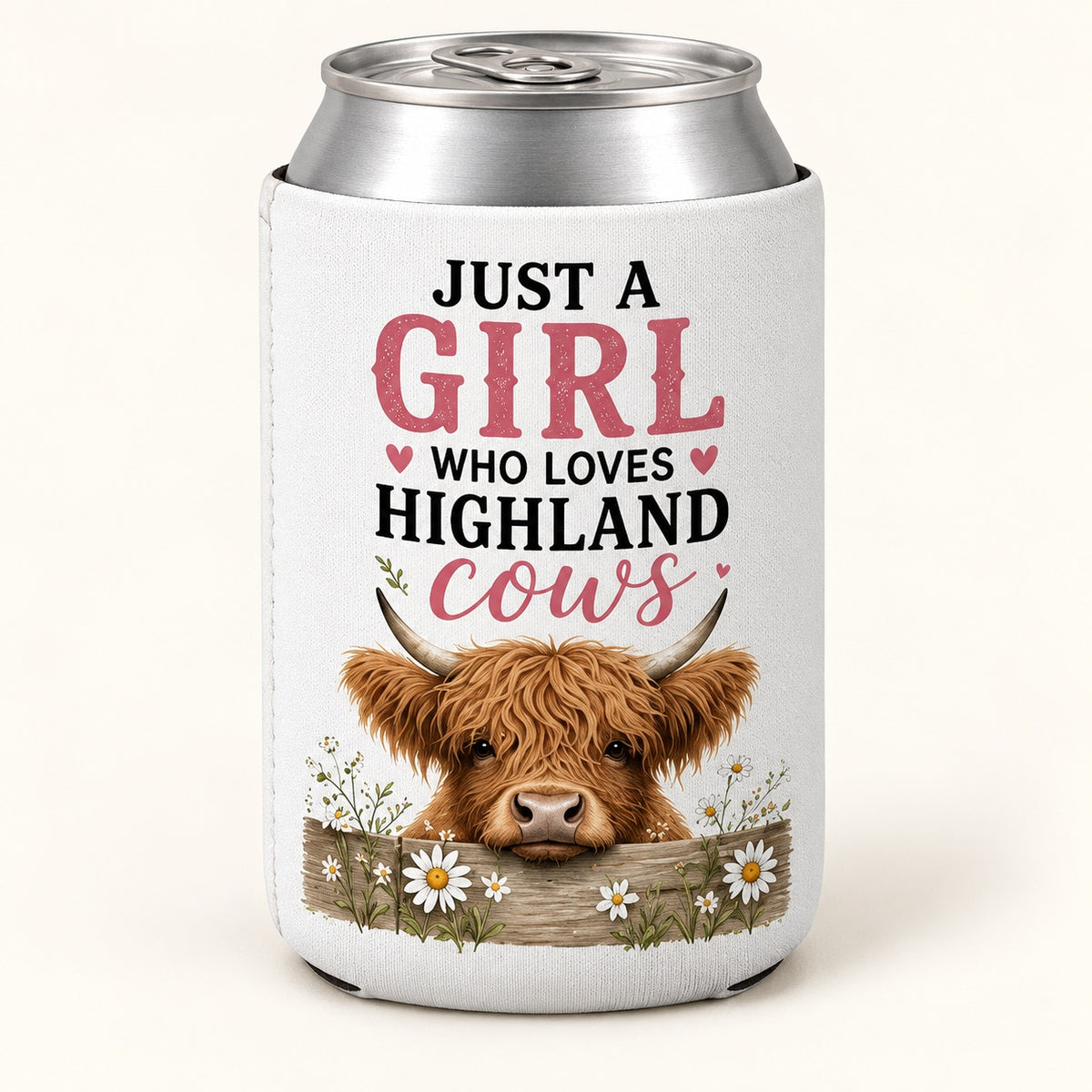 Daisy Pink Lettering Highland cow stubbie cooler shown around a silver can. One cooler; can not included.