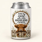 Daisy Round Wreath Highland cow stubbie cooler shown around a silver can. One cooler; can not included.