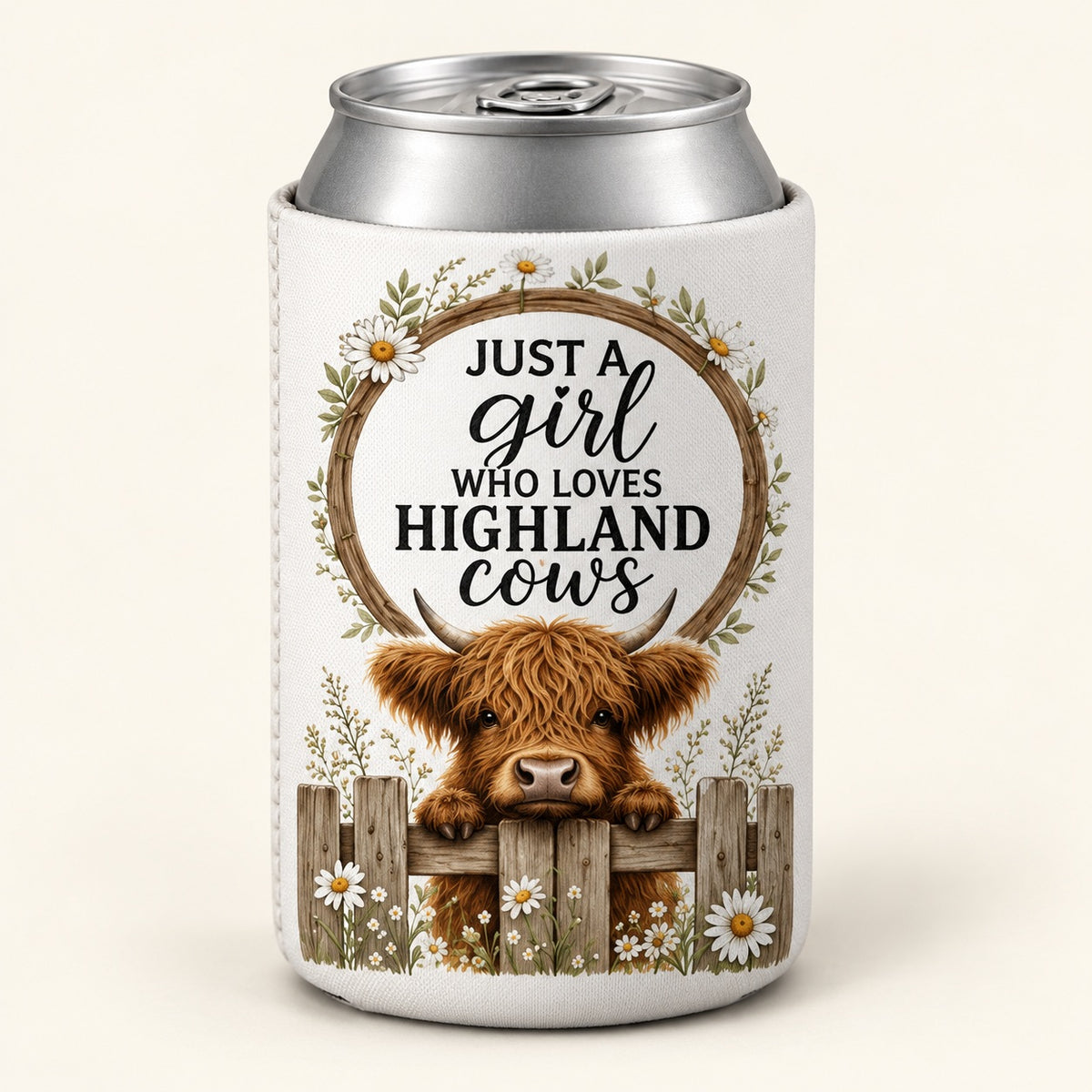 Daisy Round Wreath Highland cow stubbie cooler shown around a silver can. One cooler; can not included.