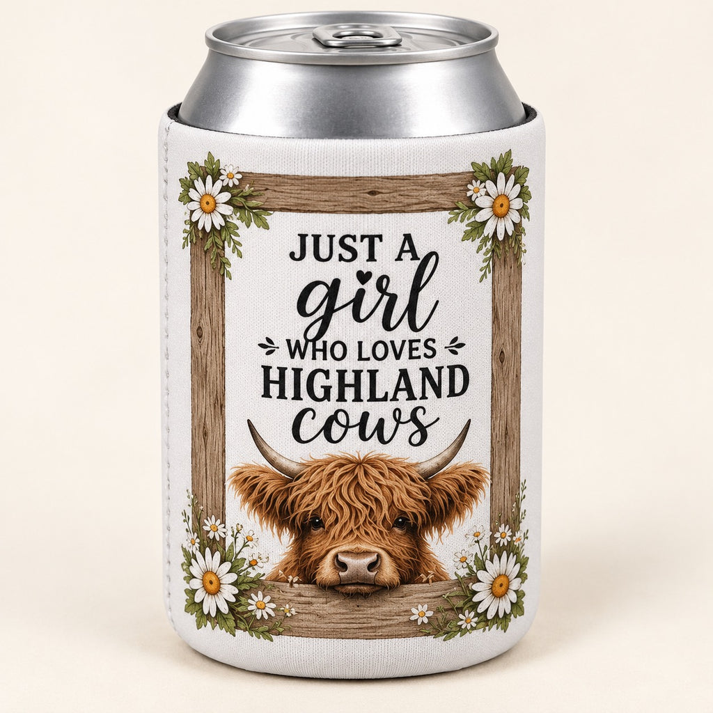 Daisy Timber Frame Highland cow stubbie cooler shown around a silver can. One cooler; can not included.