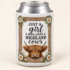 Daisy Timber Frame Highland cow stubbie cooler shown around a silver can. One cooler; can not included.