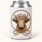Floral Rope Frame Highland cow stubbie cooler shown around a silver can. One cooler; can not included.