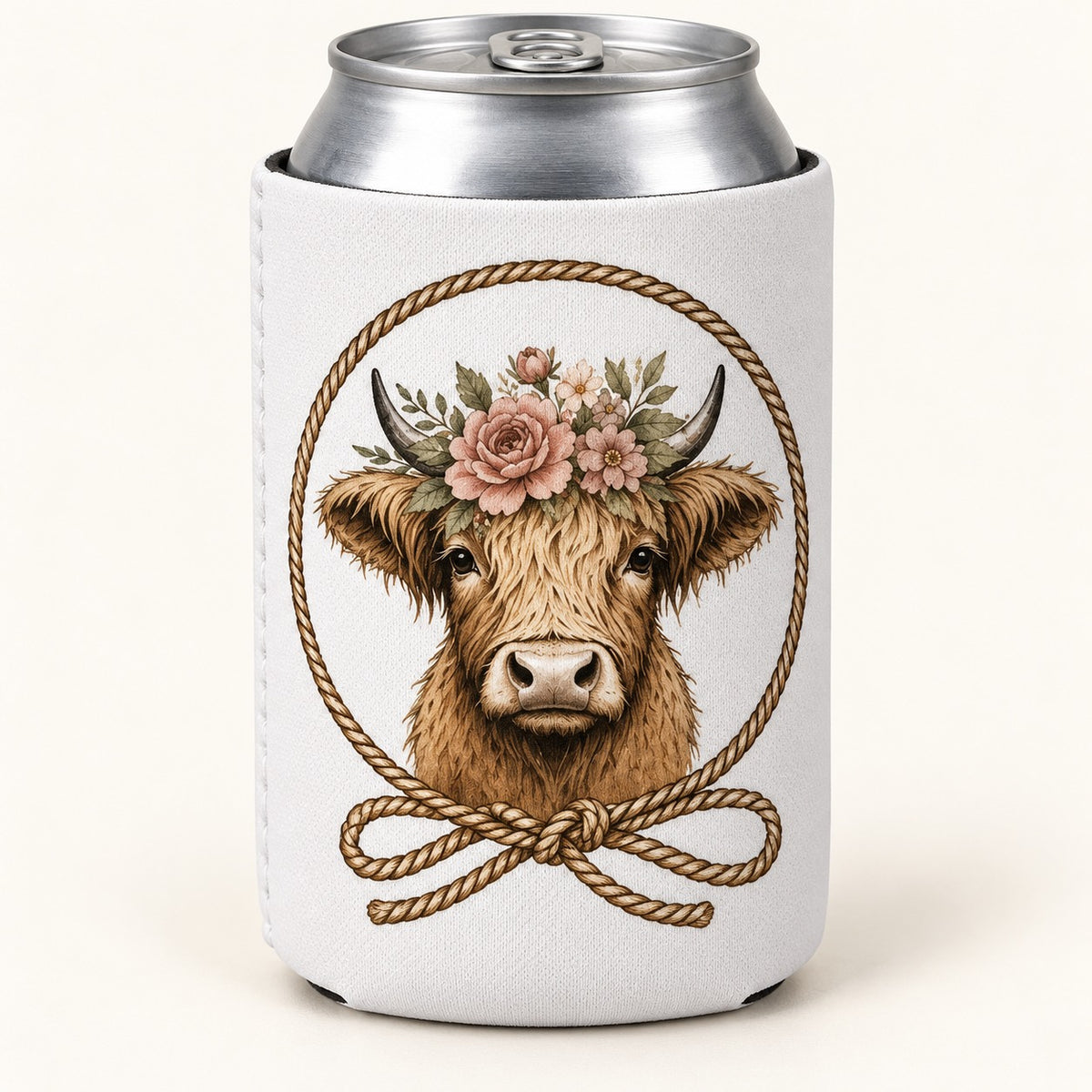 Floral Rope Frame Highland cow stubbie cooler shown around a silver can. One cooler; can not included.