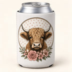 Pink Floral Cow Highland cow stubbie cooler shown around a silver can. One cooler; can not included.