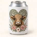Sage Heart Cow Highland cow stubbie cooler shown around a silver can. One cooler; can not included.